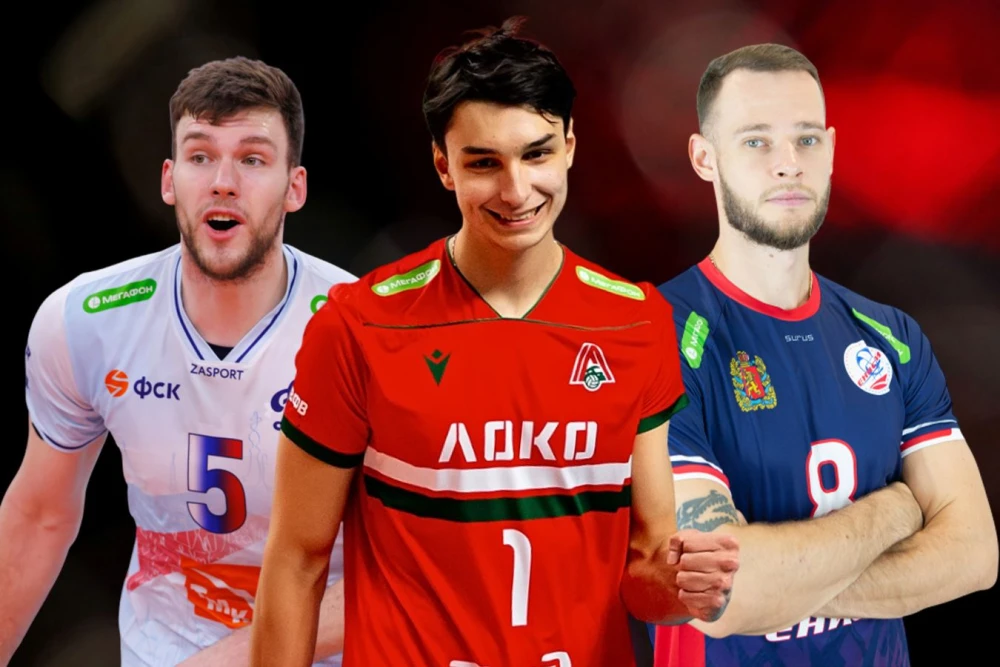 Портреты игроков: Симеон Николов, Максим Сапожков, Руслан Галимов в динамике игры.