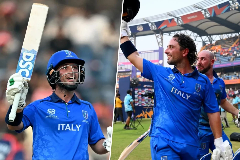 Игроки сборной Италии по крикету эмоционально празднуют свою историческую первую победу на Чемпионате мира против Шотландии.