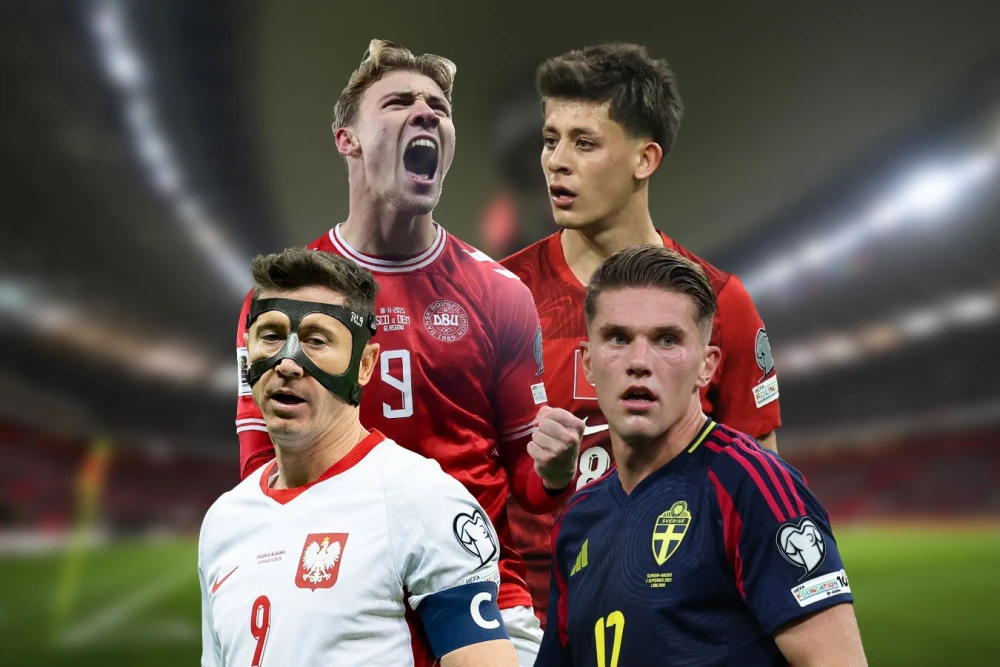 Эмблема Чемпионата мира по футболу 2026 и флаги сборных Чехии, Дании, Косово, Турции, Швеции, Польши, ведущих борьбу за выход на турнир.