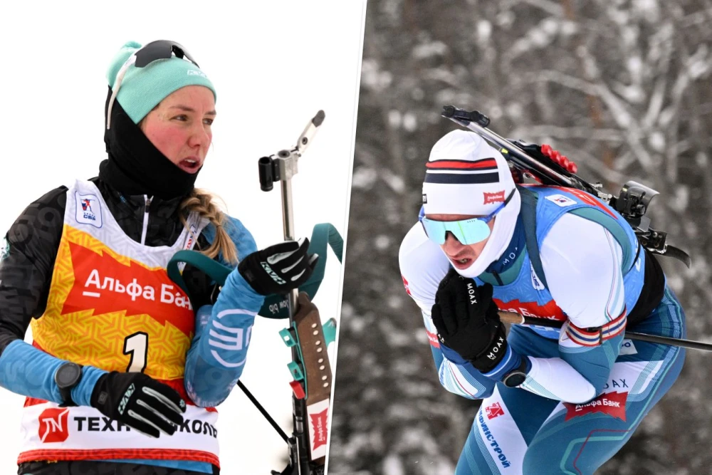 Российские биатлонисты на лыжне, Карим Халили и Кристина Резцова на старте чемпионата