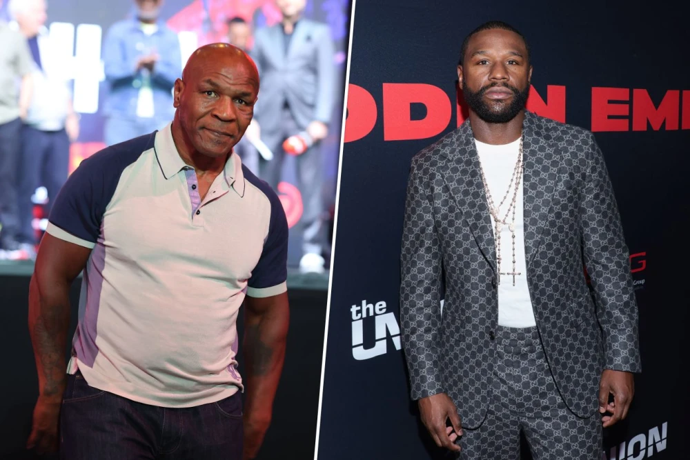 Майк Тайсон и Флойд Мейвезер на промо-материалах к бою, анонсирующий их встречу в ринге